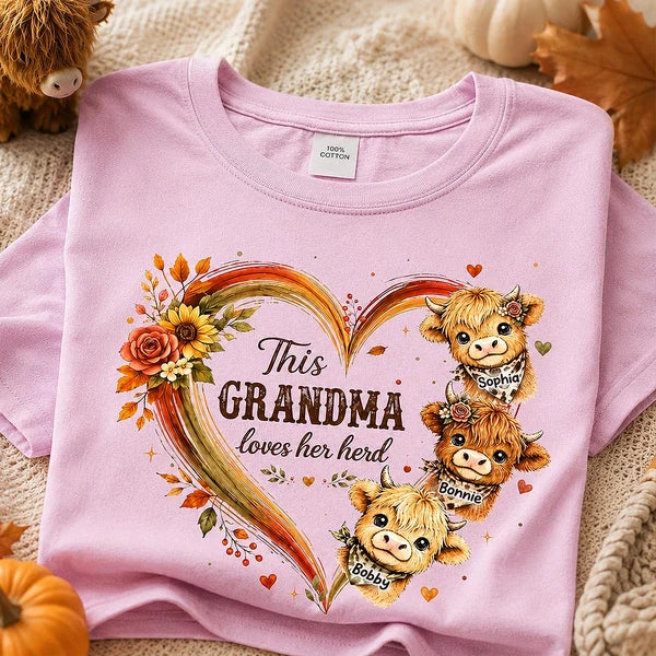 Personalized Classic Tee with Cute Highland Cows, Autumn Floral Heart, Unique Gift for Grandma