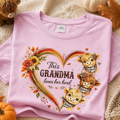 Personalized Classic Tee with Cute Highland Cows, Autumn Floral Heart, Unique Gift for Grandma