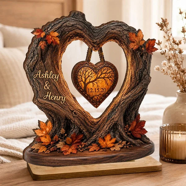 Personalized 2-Layer Wooden Plaque, Fall Heart Tree with Couple Silhouette, Unique Anniversary Gift