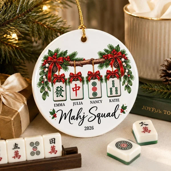 Christmas Mahjong Squad Ceramic Ornament with Hanging Tiles, Personalized Friendship Keepsake and Creative Gift