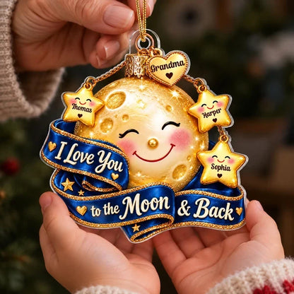 Personalized Acrylic Ornament, Smiling Moon & Stars on Christmas Tree, Unique Gift for Grandma
