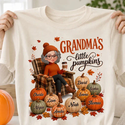 Personalized Grandma Sweatshirt, Seated Grandma with Coffee & Pumpkins, Unique Fall Gift