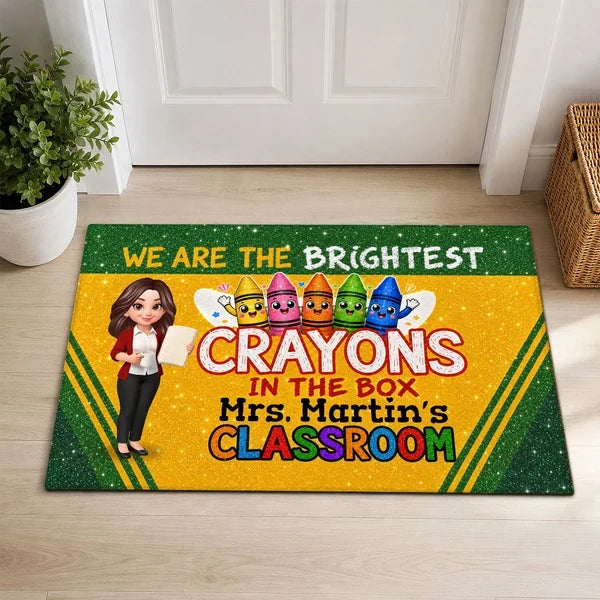 Personalized Standard Doormat, Teacher Holding Papers & Colorful Crayons, Unique Classroom Gift