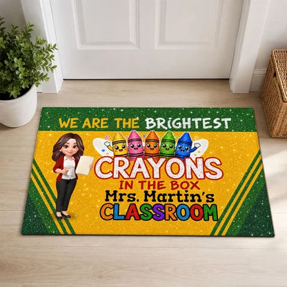Personalized Standard Doormat, Teacher Holding Papers & Colorful Crayons, Unique Classroom Gift