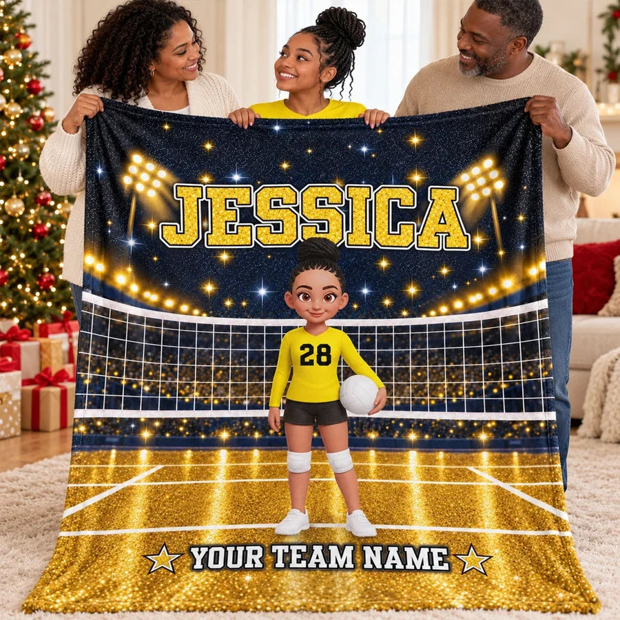 Personalized Fleece Blanket, Girl Volleyball Player on Red Court, Unique Gift for Daughter and Young Athlete