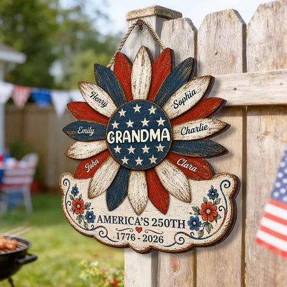 Personalized Patriotic Grandma Wooden Sign, Sunflower Family Decor, Unique Gift for Grandma