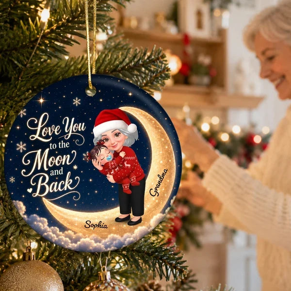 Personalized Ceramic Ornament, Hugging Grandma and Granddaughter on a Navy and Gold Moon, Unique Christmas Gift