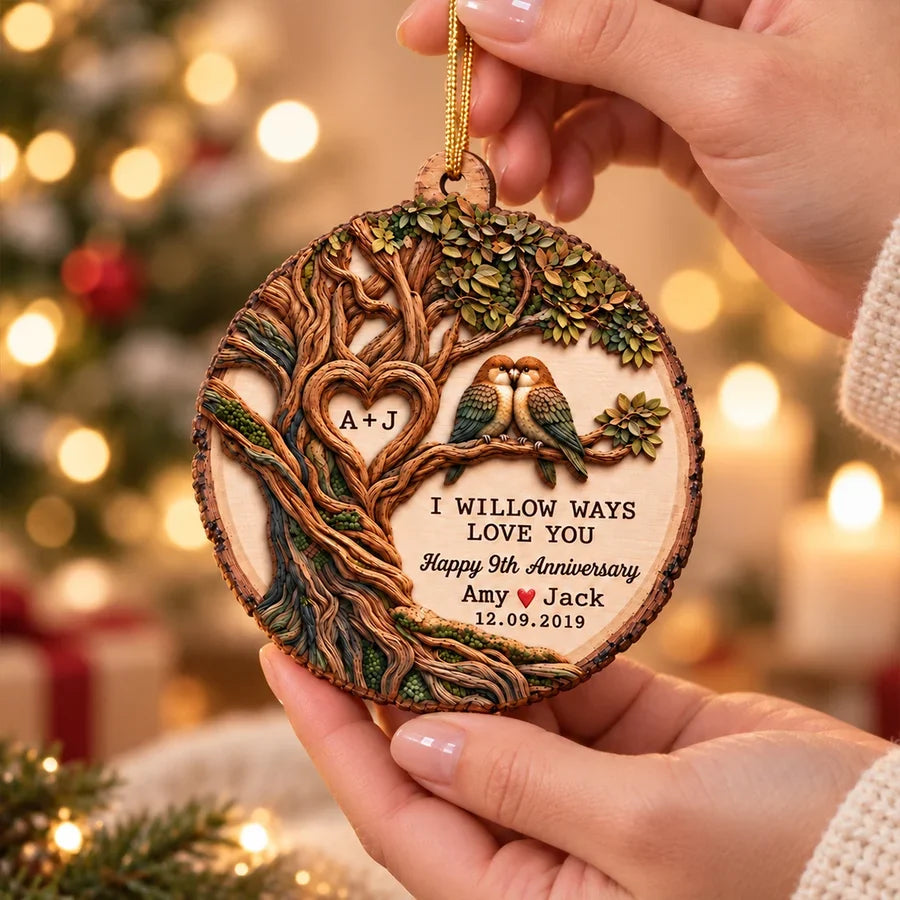 Personalized Wooden Ornament with Willow Tree and Paired Birds, Unique Anniversary Gift for Couples