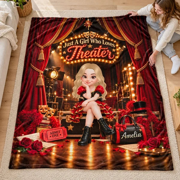 Personalized Fleece Blanket with Theater Girl and Marquee Stage, Unique Gift for Daughter or Granddaughter