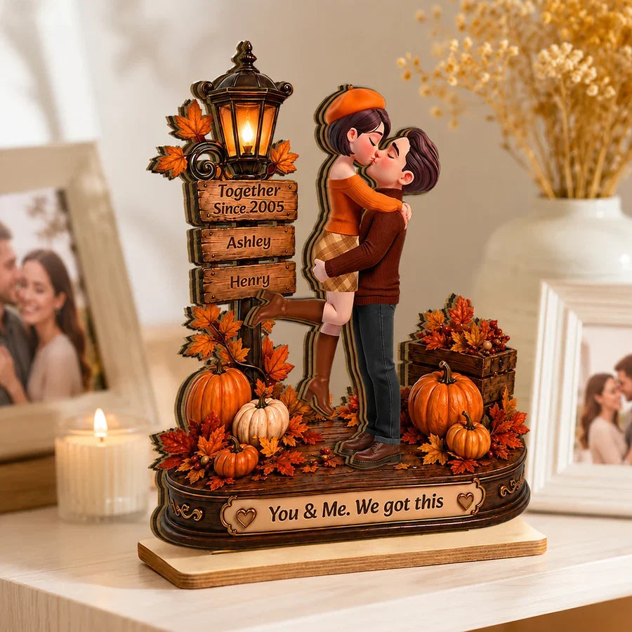 Personalized 2-Layer Wooden Plaque, Kissing Couple in Cozy Fall Scene, Unique Anniversary Gift for Couples