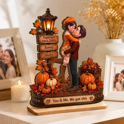 Personalized 2-Layer Wooden Plaque, Kissing Couple in Cozy Fall Scene, Unique Anniversary Gift for Couples