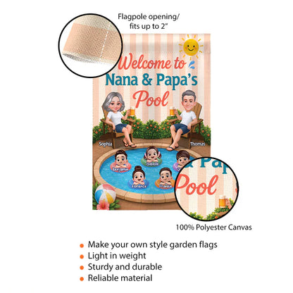 Personalized Garden Flag, Nana & Papa Pool Welcome Design with Grandkids, Unique Gift