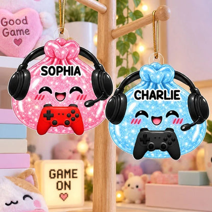 Personalized Acrylic Ornament, Cute Gamer Gift Bag with Headset on Christmas Tree, Unique Gift for Kids and Gamers