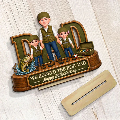 Personalized 2-Layer Wooden Plaque for Fishing Dad, Dad and Kids Holding Hands, Unique Father's Day Gift