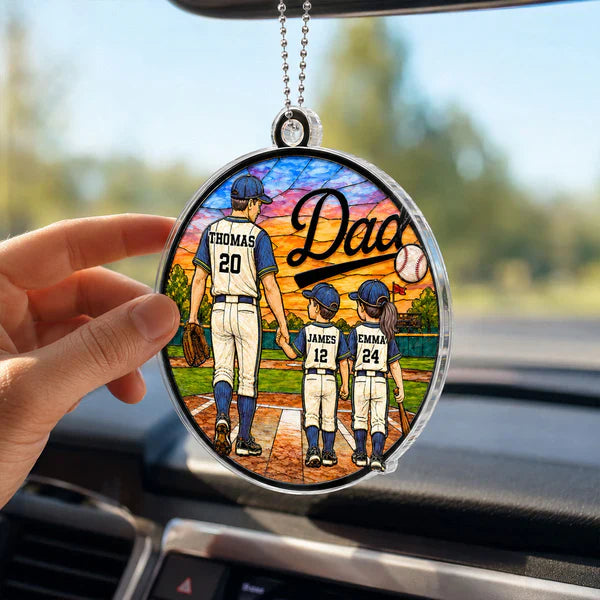 Personalized Acrylic Car Hanger, Baseball Dad & Kids Field Scene, Unique Gift for Dad with Daily Pride