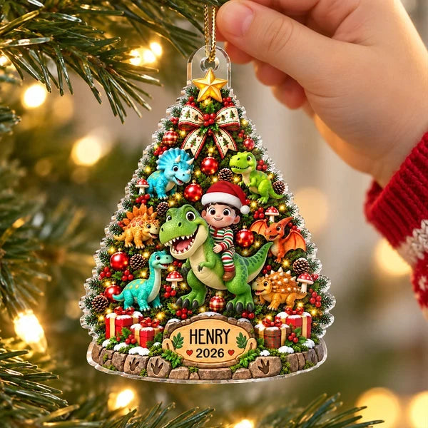 Personalized Acrylic Ornament, Kid Riding a Dinosaur by a Christmas Tree, Unique Gift for Dinosaur Lovers