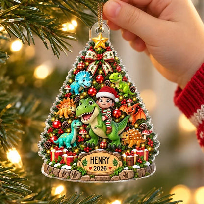 Personalized Acrylic Ornament, Kid Riding a Dinosaur by a Christmas Tree, Unique Gift for Dinosaur Lovers