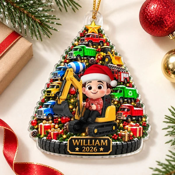 Personalized Acrylic Ornament, Construction Truck Christmas Tree with Boy Driver, Unique Holiday Gift for Son