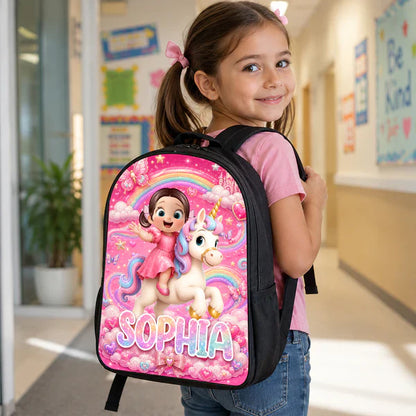 Personalized Kids School Backpack, Girl Riding Unicorn Design, Unique Creative Gift for Girls