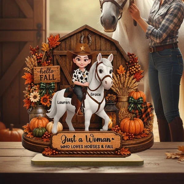 Personalized 2-Layer Wooden Plaque, Cowgirl Riding a Horse by an Autumn Barn, Unique Gift for Horse Lovers