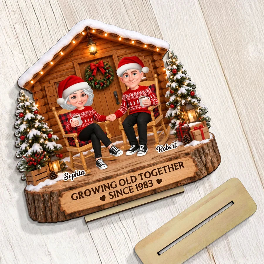 Personalized 2-Layer Wooden Plaque, Couple Holding Hands by a Christmas Cabin, Unique Anniversary Gift