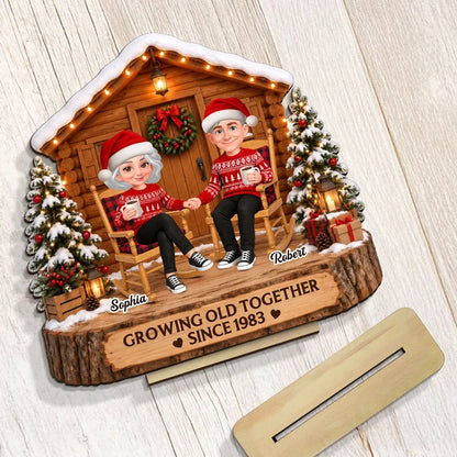 Personalized 2-Layer Wooden Plaque, Couple Holding Hands by a Christmas Cabin, Unique Anniversary Gift
