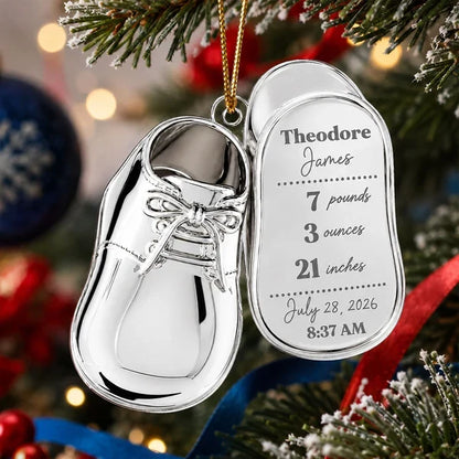 Personalized Acrylic Ornament, Silver Baby Shoe Hanging on a Festive Tree, Creative Keepsake Gift for Mom & Dad