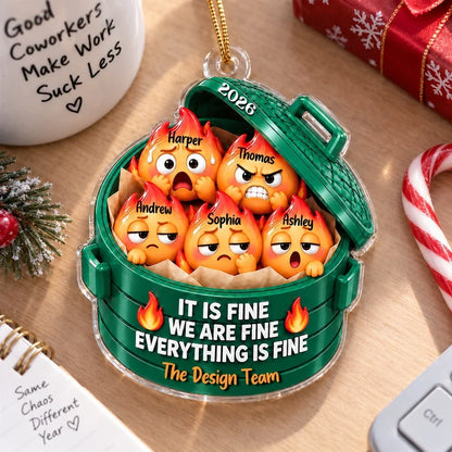 Personalized Dumpster Fire Acrylic Ornament, Cute Cartoon Team Scene, Unique Christmas Gift for Coworkers
