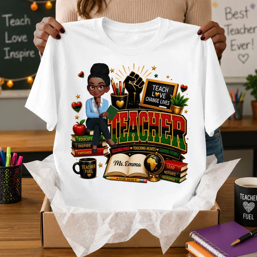 Personalized Classic Tee for African American Teacher, Teach Love Graphic, Unique Creative Gift for School
