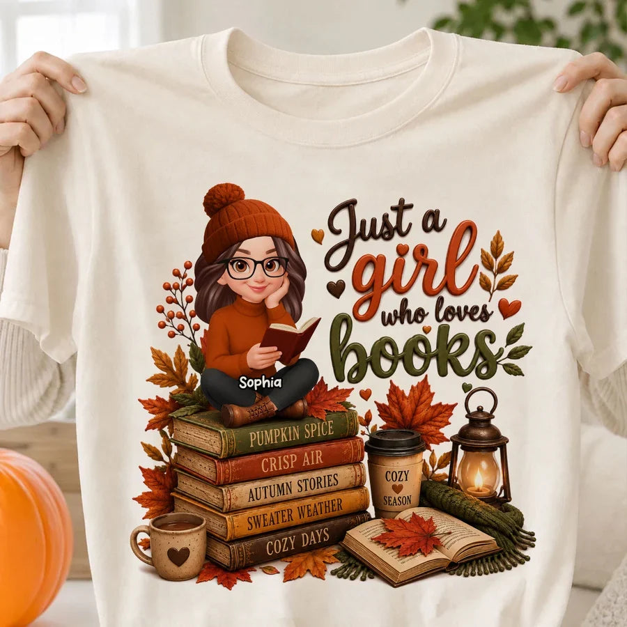 Personalized Classic Tee, Warm Autumn Reading Girl, Just a Girl Who Loves Books, Unique Gift for Readers