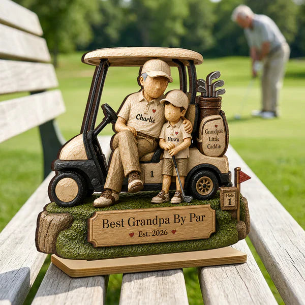 Personalized 2-Layer Wooden Plaque, Grandpa & Little Caddie Golf Cart Scene, Unique Gift for Grandpa