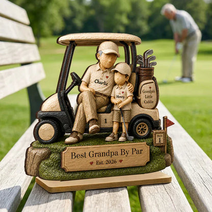 Personalized 2-Layer Wooden Plaque, Grandpa & Little Caddie Golf Cart Scene, Unique Gift for Grandpa