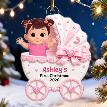Personalized Acrylic Ornament, Waving Baby in Stroller on Christmas Tree, Unique Creative Gift for New Parents