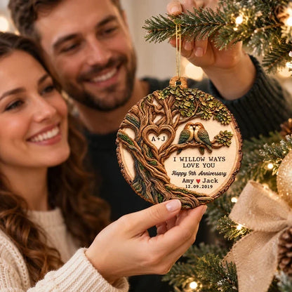 Personalized Wooden Ornament with Willow Tree and Paired Birds, Unique Anniversary Gift for Couples
