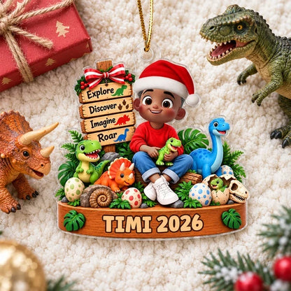 Personalized Acrylic Ornament, Sitting Child With Colorful Dinosaurs, Unique Christmas Gift for Young Fans