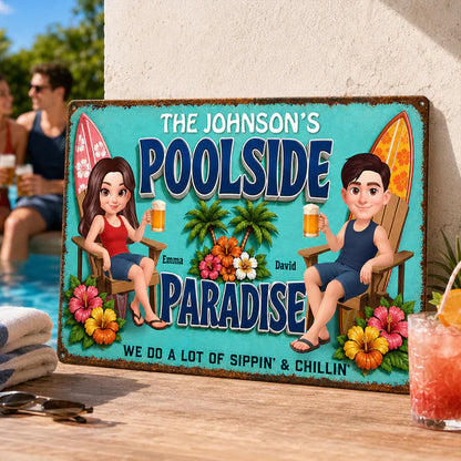 Rectangular Iron Sign, Custom Poolside Paradise With Lounging Couple, Unique Gift For Pool Lovers