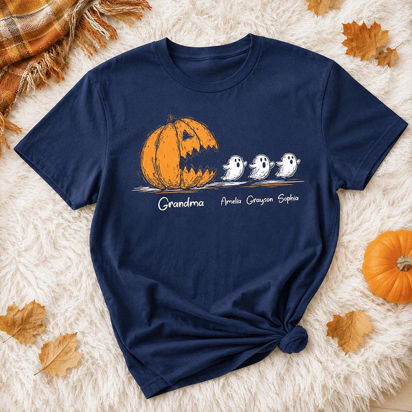 Personalized Grandma Classic Tee, Pumpkin Chasing Ghosts, Unique Halloween Gift for Family