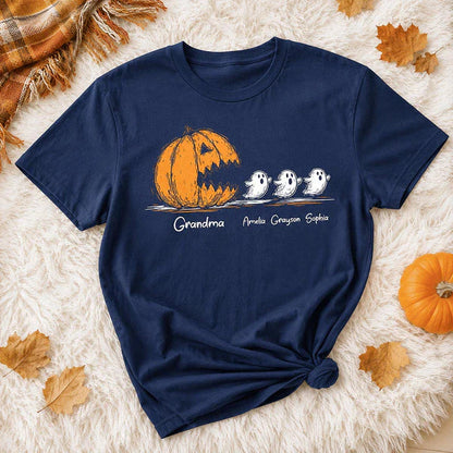 Personalized Grandma Classic Tee, Pumpkin Chasing Ghosts, Unique Halloween Gift for Family