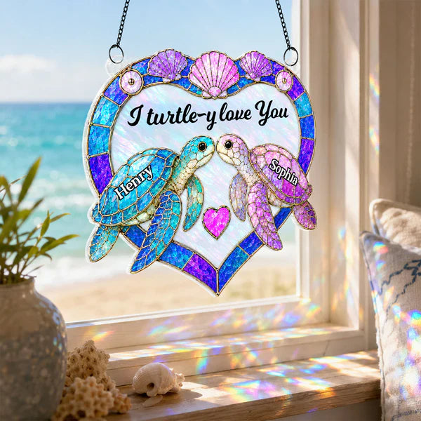 Personalized Acrylic Suncatcher Ornament, Couple Sea Turtles, Unique Gift for Anniversary Window Decor