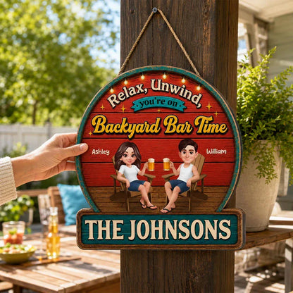 Personalized Wooden Sign with Relax & Unwind Backyard Bar Design, Creative Gift for Couple