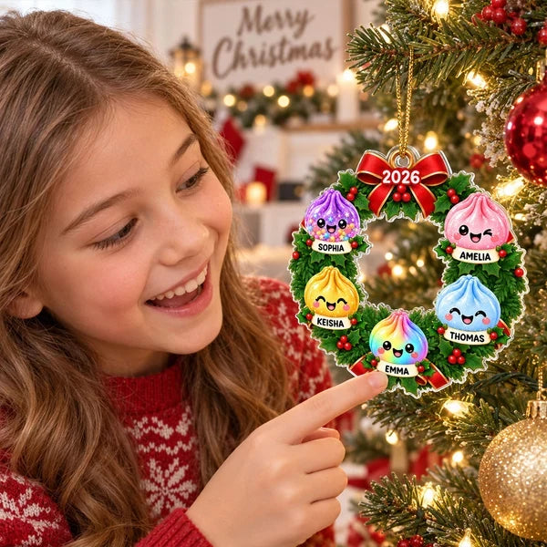 Personalized Acrylic Ornament, Colorful Dumpling Family Keepsake on a Lit Christmas Tree, Creative Gift for Kids & Parents