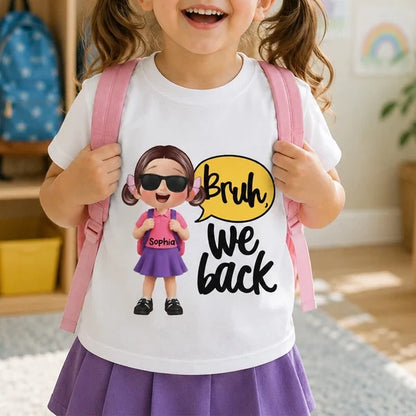 Personalized Youth Tee with Backpack Schoolboy and Bruh We Back Quote, Creative Back to School Gift for Kids