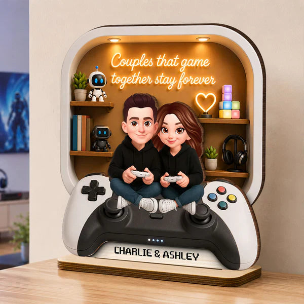 Personalized 2-Layer Wooden Plaque, Gaming Couple Cartoon Scene, Unique Gift for Shared Playtime