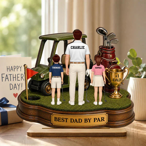 Personalized 2-Layer Wooden Plaque for Golf Dad & Kids, Unique Gift for Desk Display