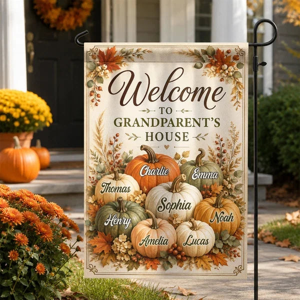 Personalized Garden Flag, Fall Pumpkin Yard Decor with Welcome to Grandparents' House, Unique Gift for Grandma & Grandpa