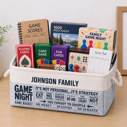 Personalized Cotton Linen Rope Basket, Gray Family Game Night Storage, Unique Gift for Families