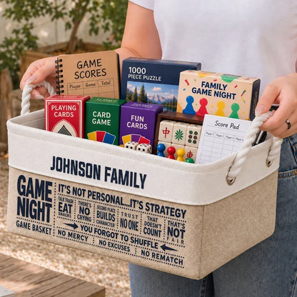 Personalized Cotton Linen Rope Basket, Gray Family Game Night Storage, Unique Gift for Families