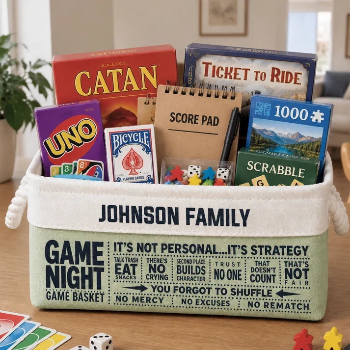 Personalized Cotton Linen Rope Basket, Gray Family Game Night Storage, Unique Gift for Families