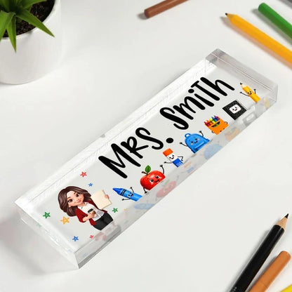 Personalized Rectangle Acrylic Block Plaque, Teacher Holding Coffee, Colorful School Supplies, Unique Teacher Gift