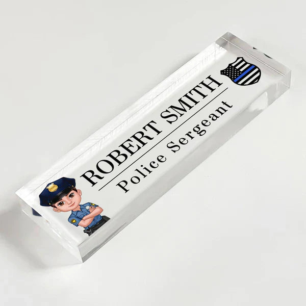 Personalized Acrylic Block Plaque, Cartoon Police Officer Desk Name Plate, Unique Gift for Officer
